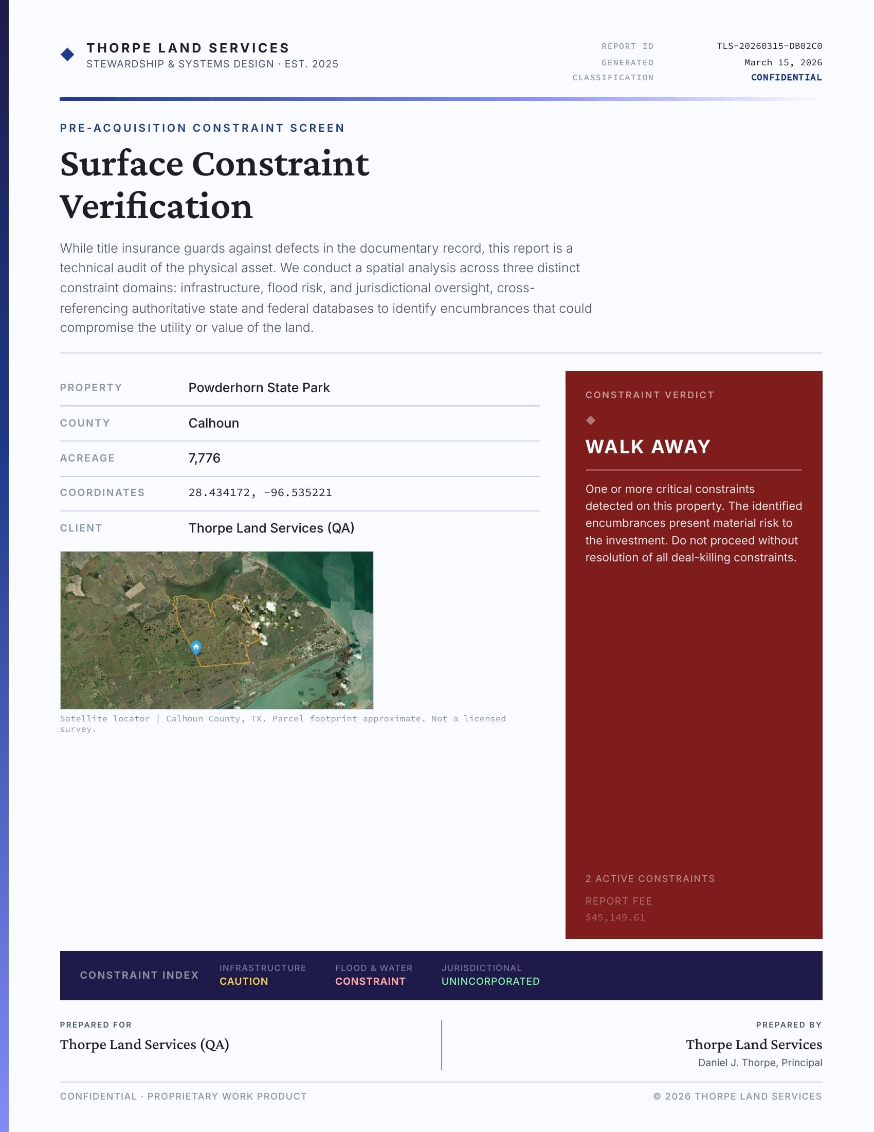 Constraint screen report: property summary and verdict